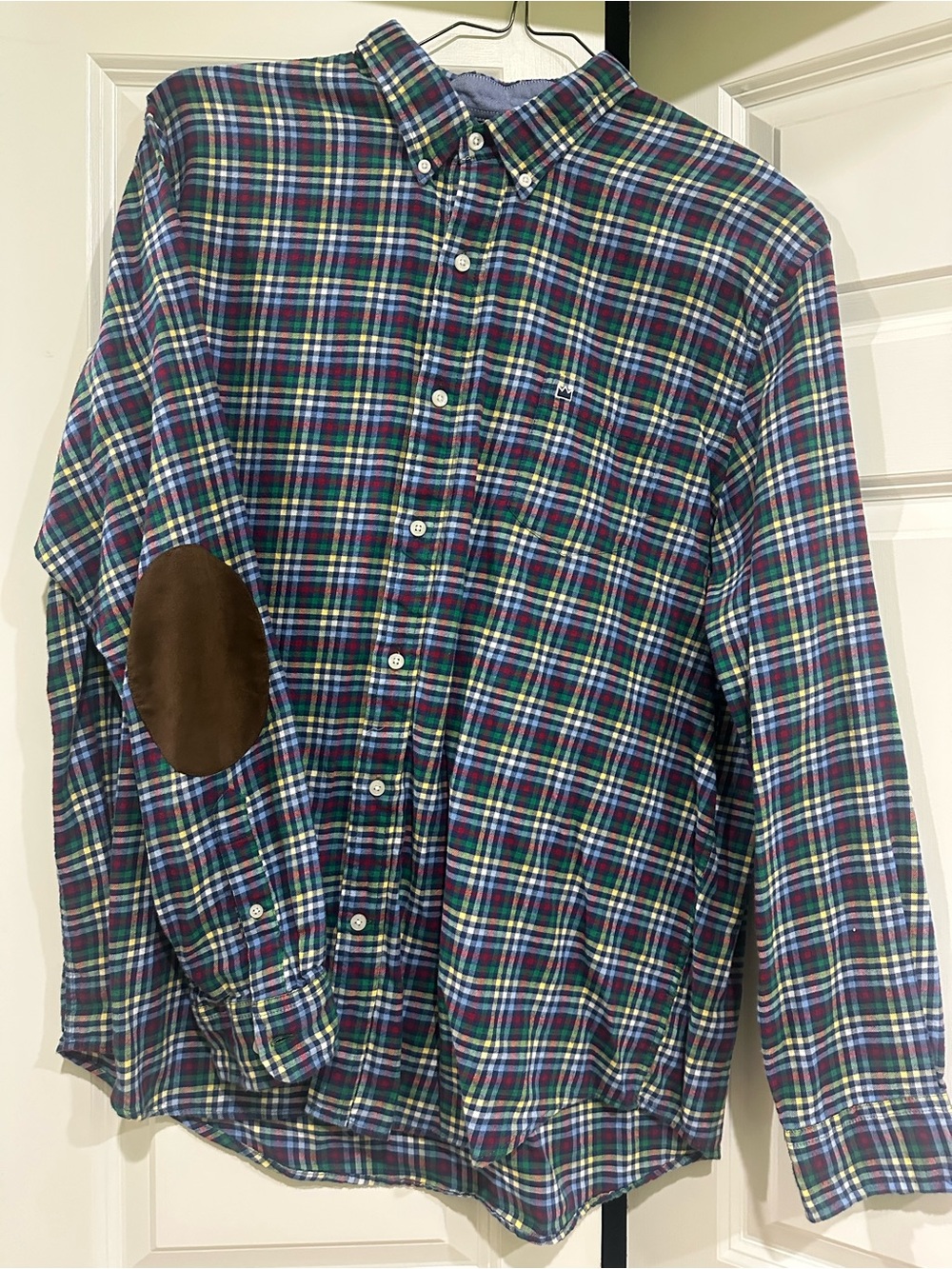 crown & ivy Blue and Green Plaid Button-Down Shirt with Brown Elbow Patch